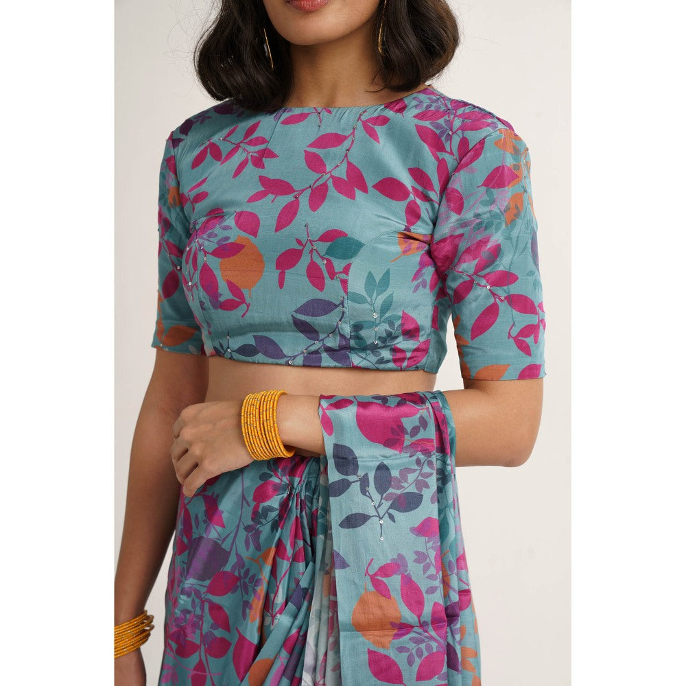 Vishala Shree Blue Hydrangea Saree with Stitched Blouse
