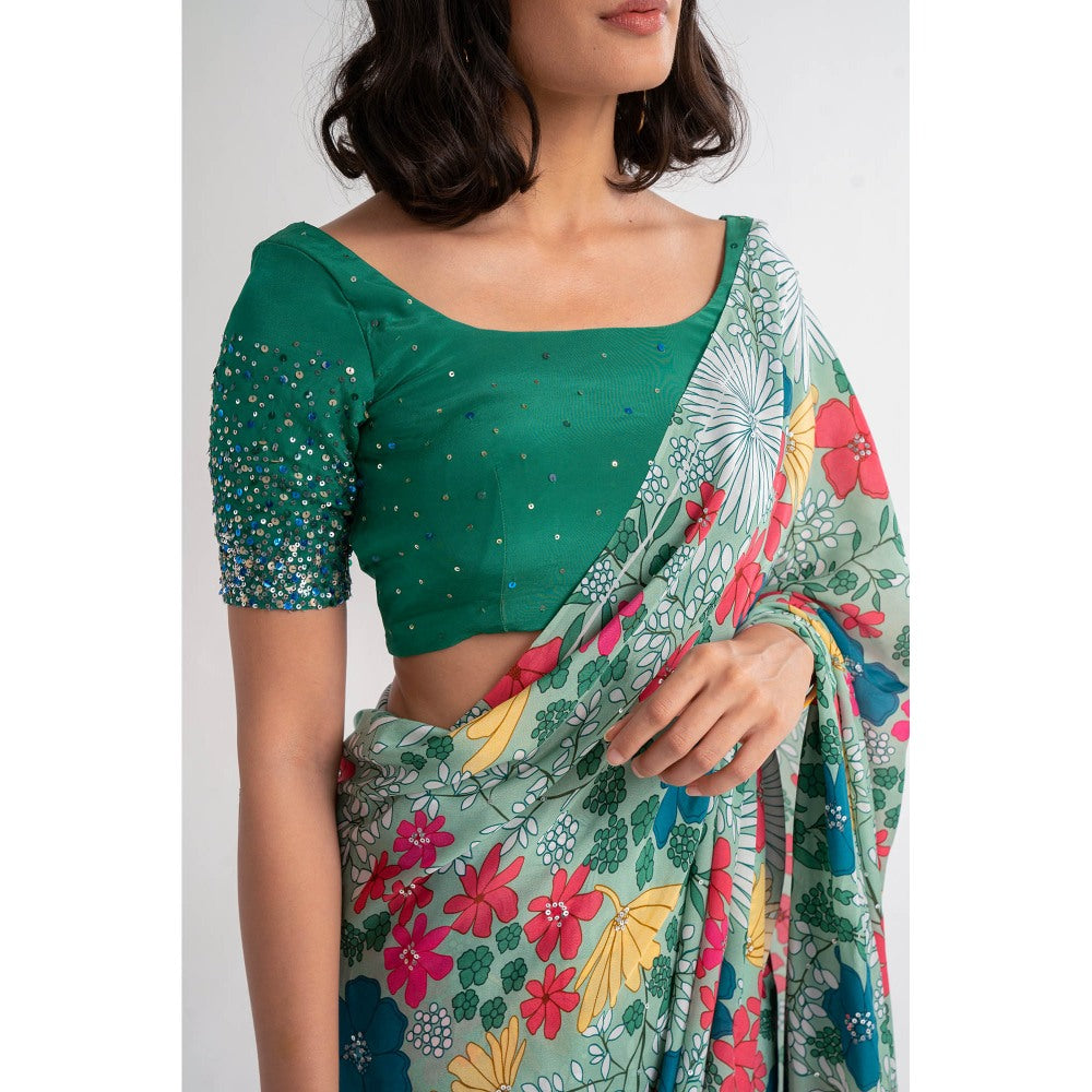 Vishala Shree Green Angelica Saree with Stitched Blouse