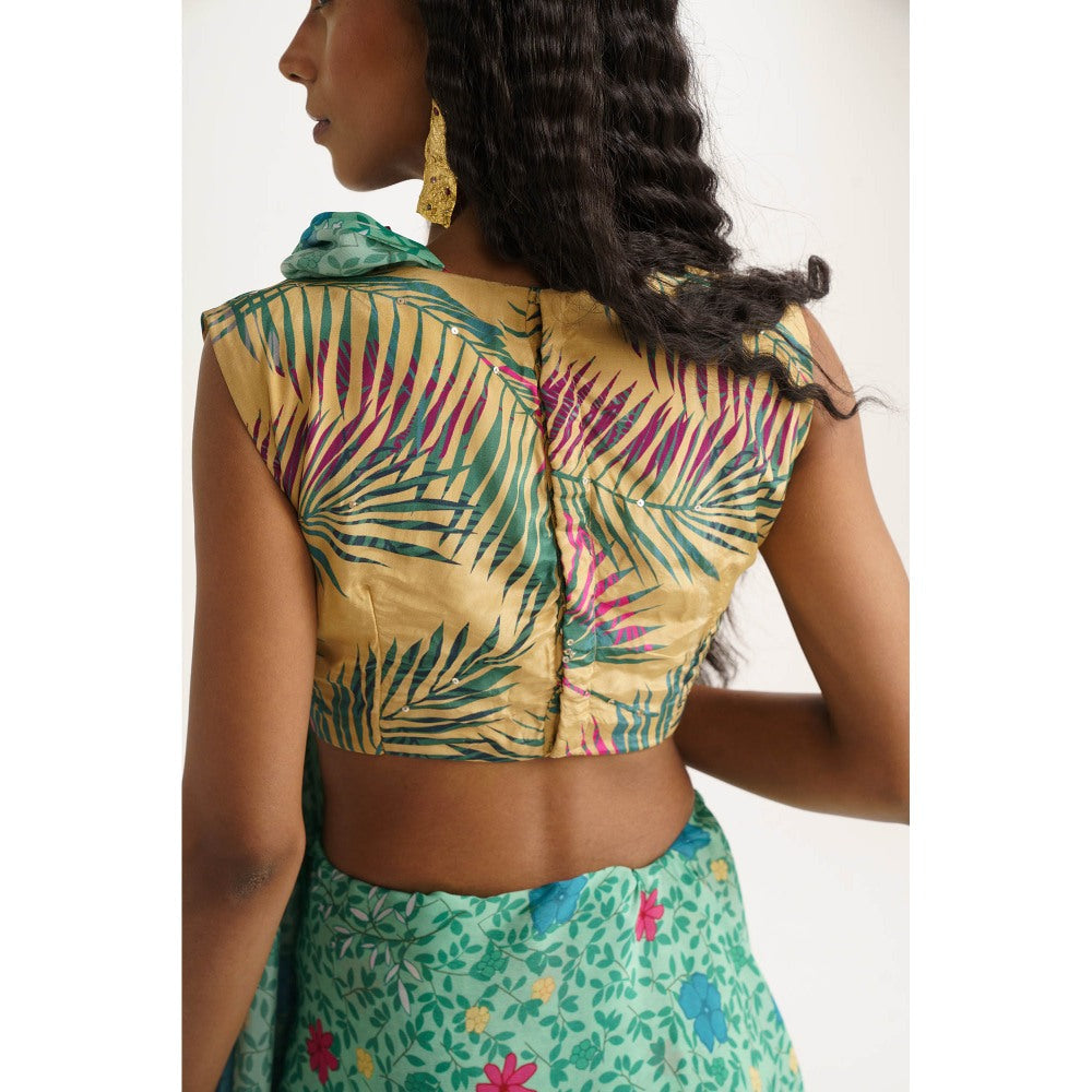 Vishala Shree Green Hellebores Saree with Stitched Blouse