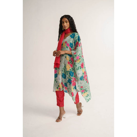 Vishala Shree Green Dianthus Kaftan with Pant (Set of 3)