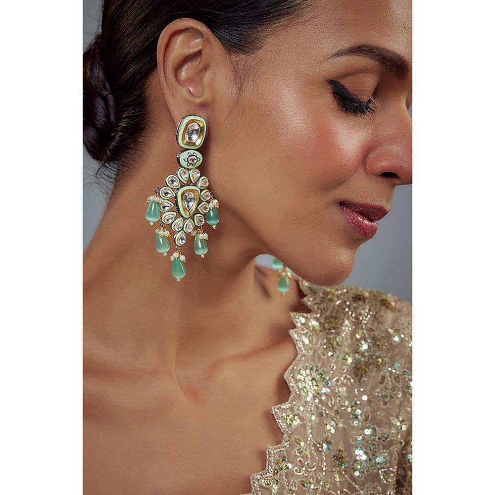 VIVINIA By Vidhi Mehra Saadgi White And Green Kundan Polki Womens Danglers Earrings