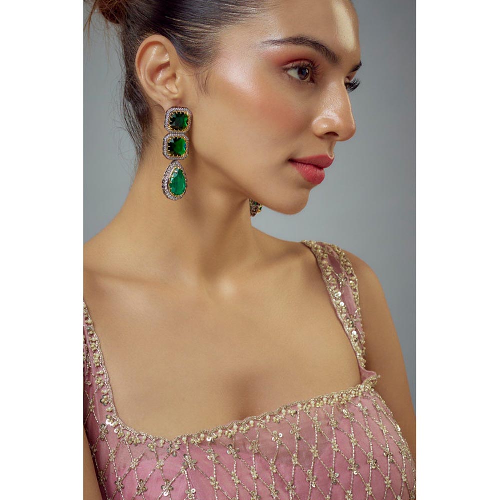 VIVINIA By Vidhi Mehra Florence Silver Plated Green Zircon Womens Danglers Earrings