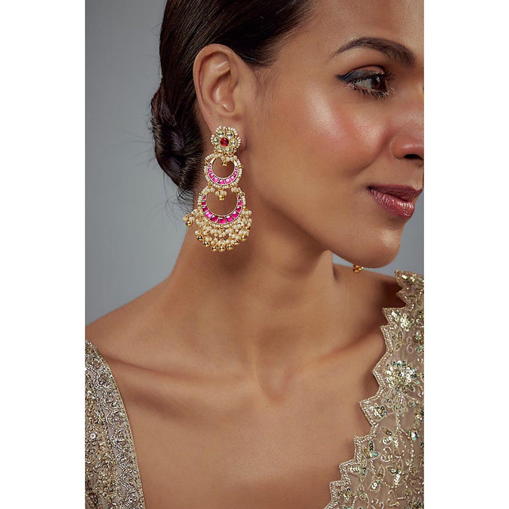 VIVINIA By Vidhi Mehra Antara Gold Plated Pink Kundan Polki Womens Danglers Earrings