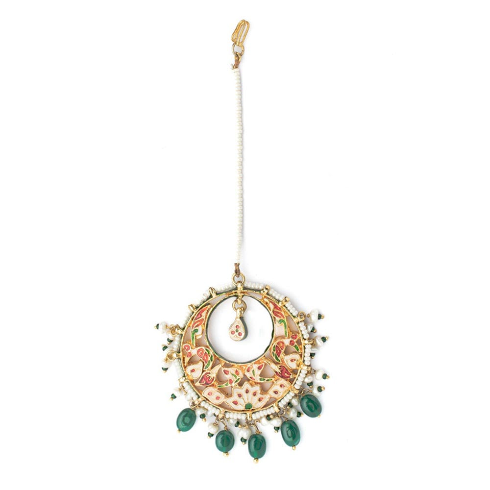 VIVINIA By Vidhi Mehra Gold Plated Green Womens Kundan Polki Maangtikka