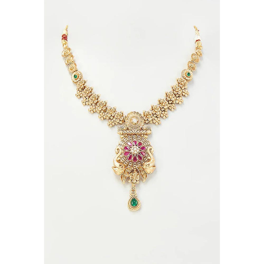 VIVINIA By Vidhi Mehra Gold Plated Red Womens Temple Short Necklace Set With Earrings