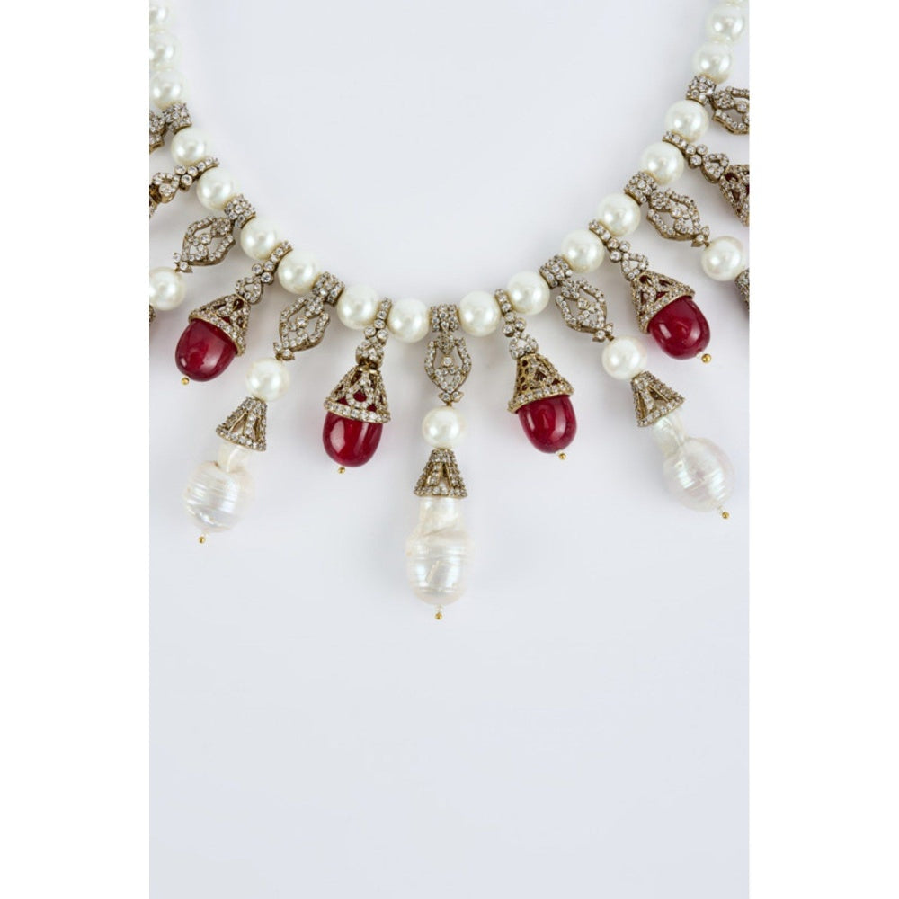 VIVINIA By Vidhi Mehra Florence Silver Plated Red Womens Pearl Short Necklace Set