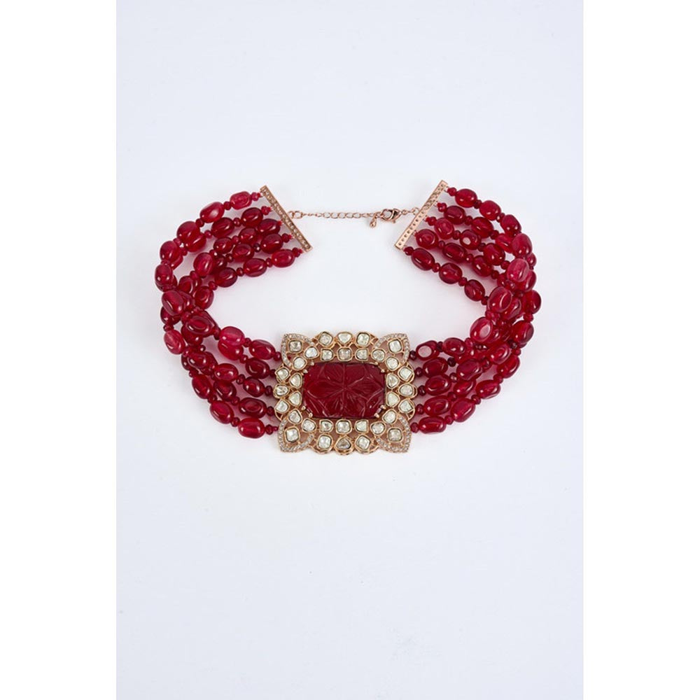 VIVINIA By Vidhi Mehra Antara Gold Plated Red Womens Beaded Choker Necklace Set