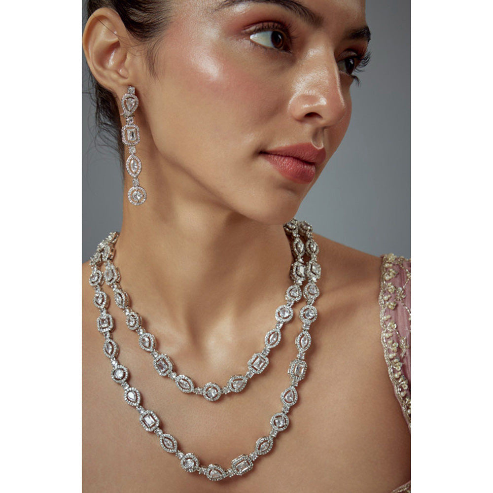 VIVINIA By Vidhi Mehra Zia Silver Plated Zircon Womens Long Necklace Set With Earrings