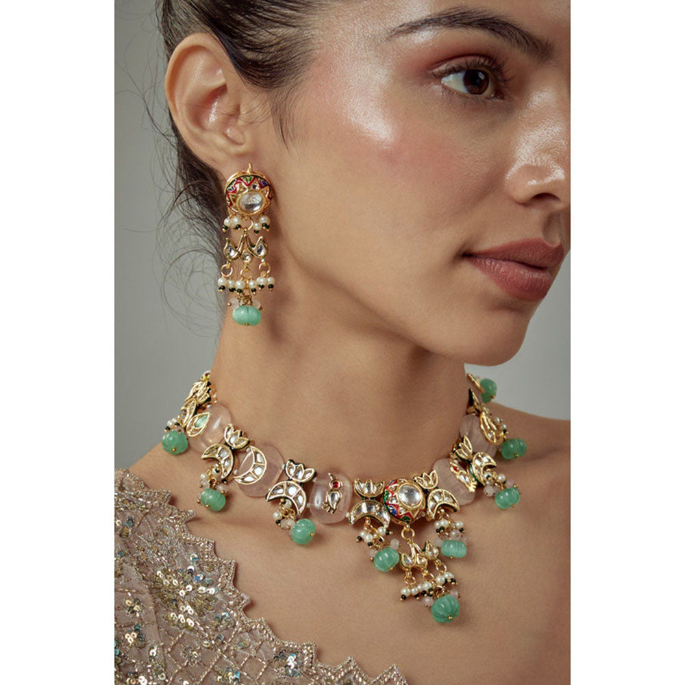 VIVINIA By Vidhi Mehra Saadgi Gold Plated Green Kundan Polki Womens Short Necklace Sets