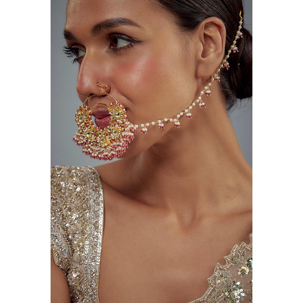VIVINIA By Vidhi Mehra Saadgi Gold Plated Pink Kundan Polki Womens Nath With Chain