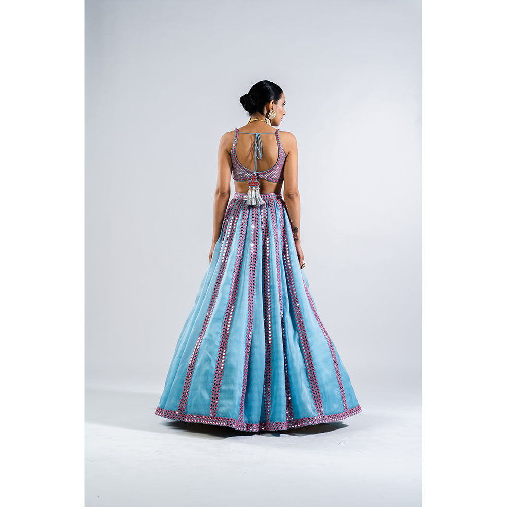 Vvani by Vani Vats Ice Blue Mirror Seam Blouse with Lehenga & Dupatta (Set of 3)