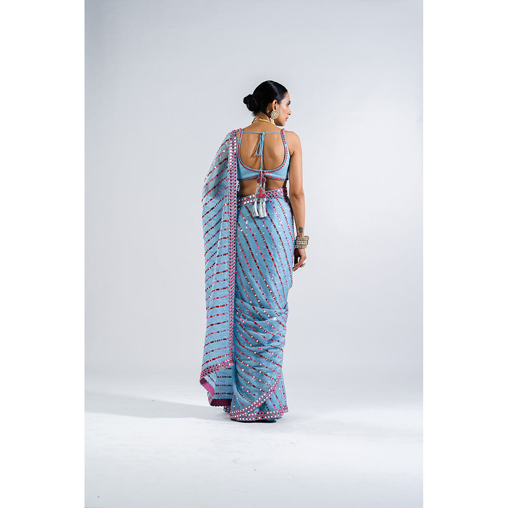 Vvani by Vani Vats Ice Blue Heavy Mirror Work Saree & Stitched Blouse