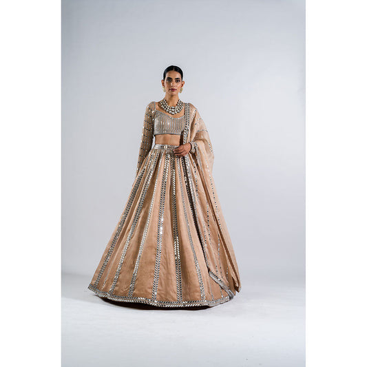 Vvani by Vani Vats Beige Mirror Seam Lehenga with Mirror Blouse & Dupatta (Set of 3)