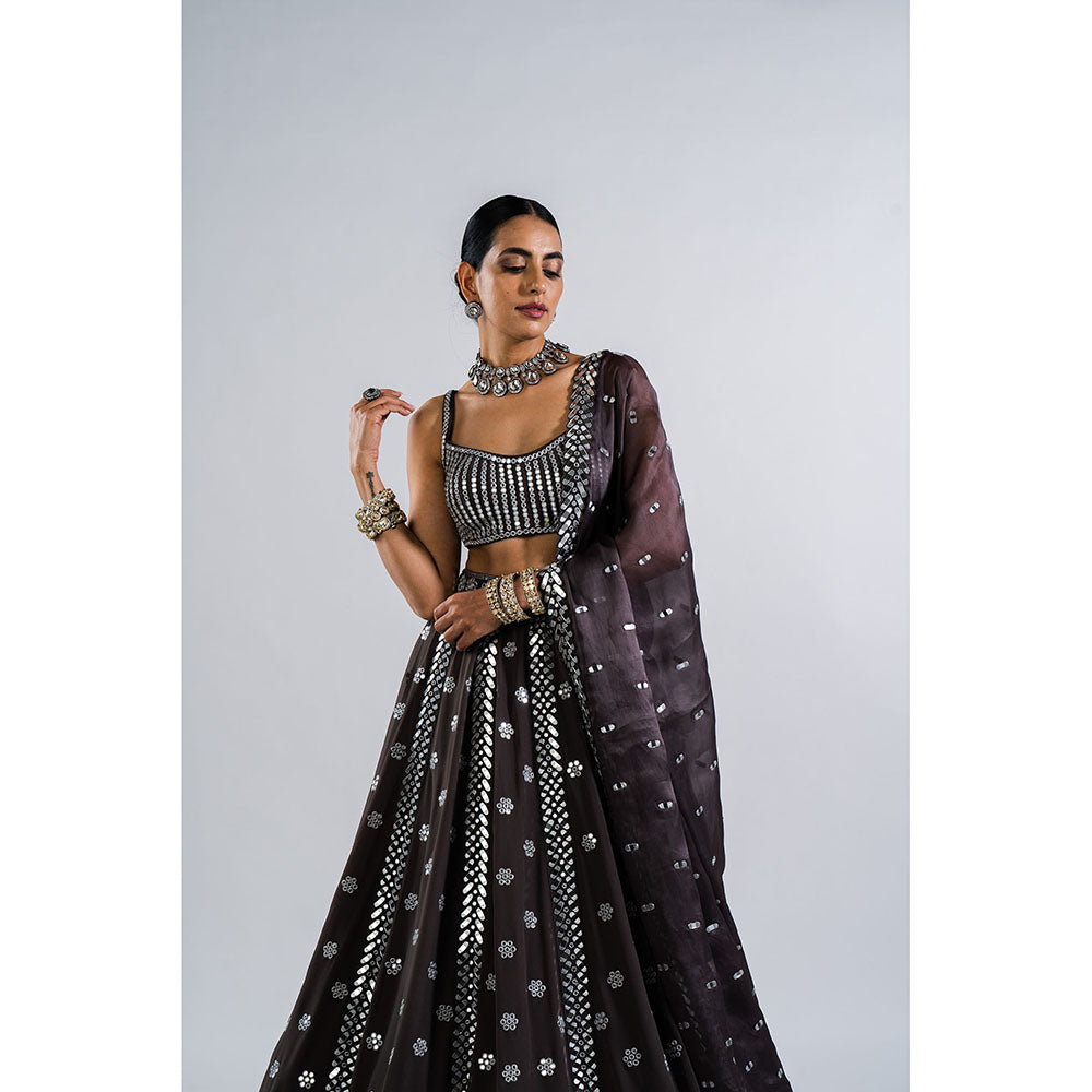 Vvani by Vani Vats Charcoal Grey Flower Blouse with Lehenga & Dupatta (Set of 3)
