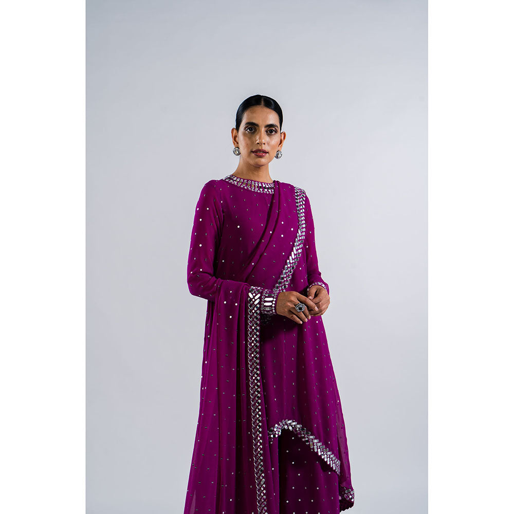 Vvani by Vani Vats Pop Wine Asymmetrical Kurta & Palazzo with Dupatta (Set of 3)
