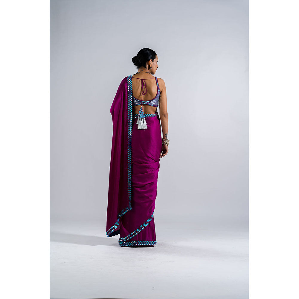 Vvani by Vani Vats Pop Wine Satin Chiffon Saree & Stitched Blouse