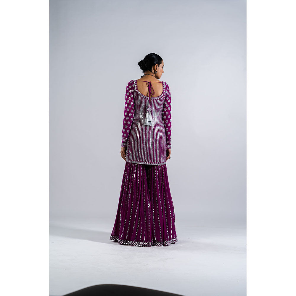 Vvani by Vani Vats Pop Wine Kurti with Sharara & Dupatta (Set of 3)