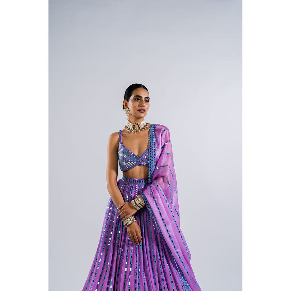 Vvani by Vani Vats Lavender Linear Drop Lehenga with Metallic Blouse & Dupatta (Set of 3)