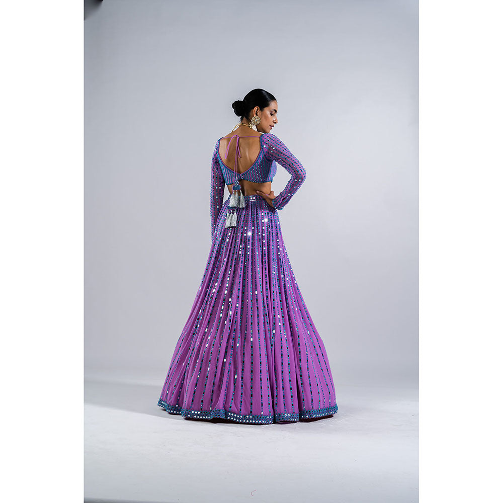 Vvani by Vani Vats Lavender Linear Drop Blouse with Lehenga & Dupatta (Set of 3)