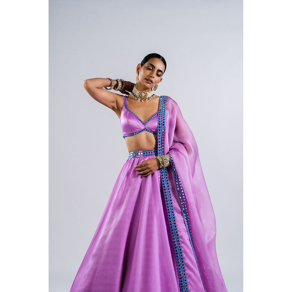 Vvani by Vani Vats Lavender Satin Organza Blouse with Lehenga & Dupatta (Set of 3)