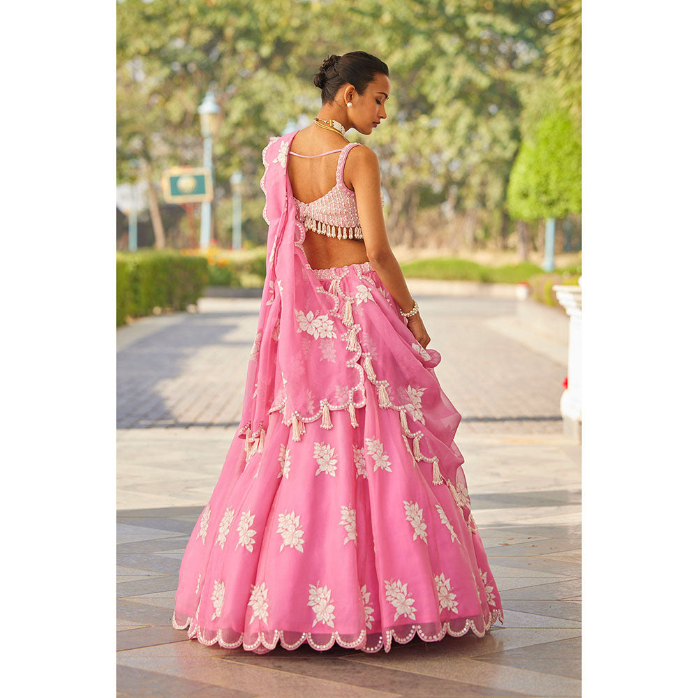 Vvani by Vani Vats Pink Flower Blouse with Lehenga & Dupatta (Set of 3)