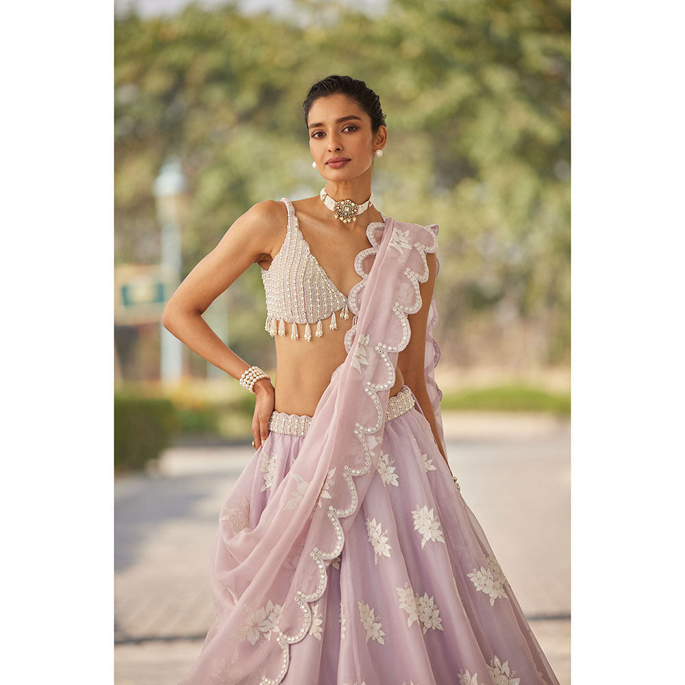 Vvani by Vani Vats Powder Lilac Flower Blouse with Lehenga & Dupatta (Set of 3)