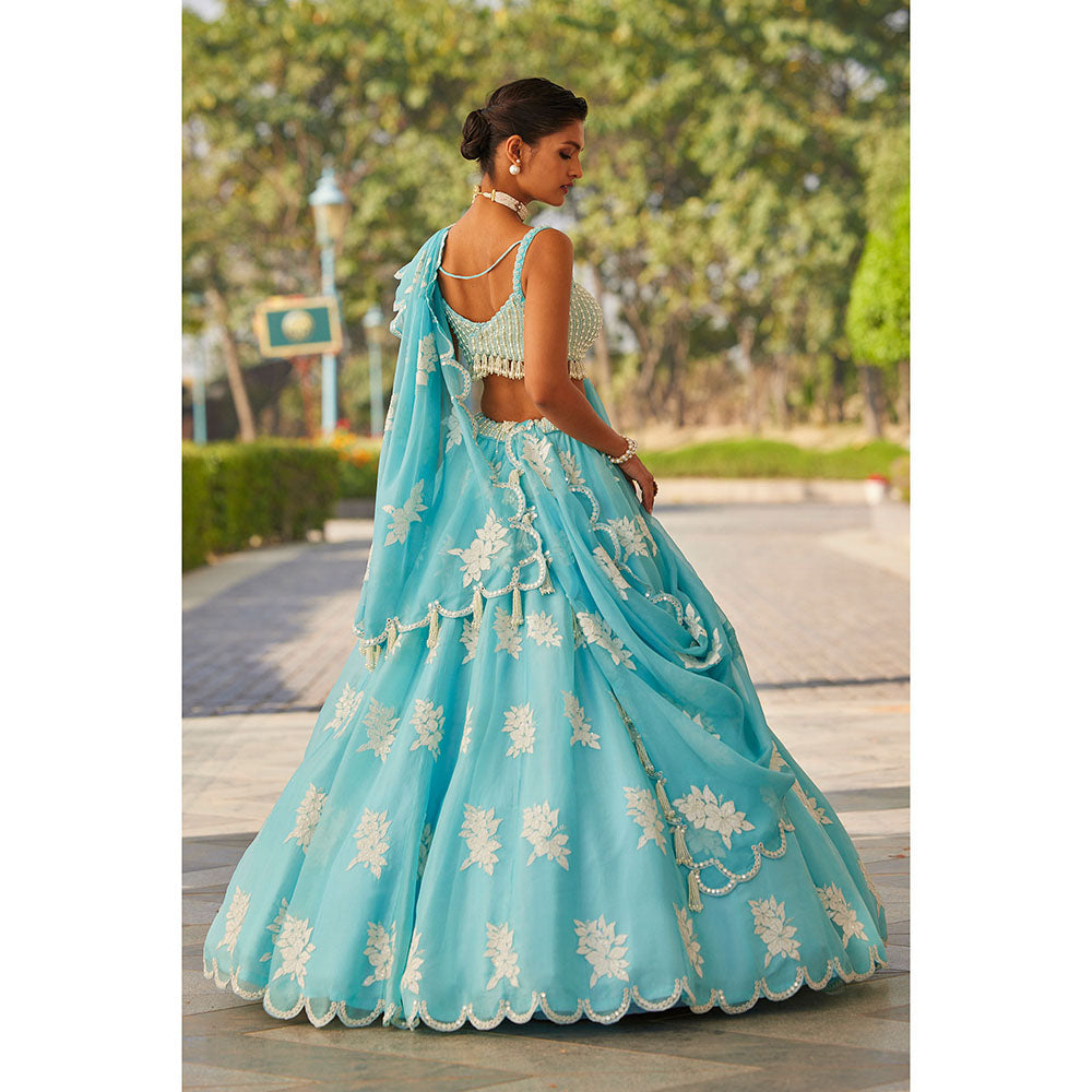 Vvani by Vani Vats Blue Flower Blouse with Lehenga & Dupatta (Set of 3)