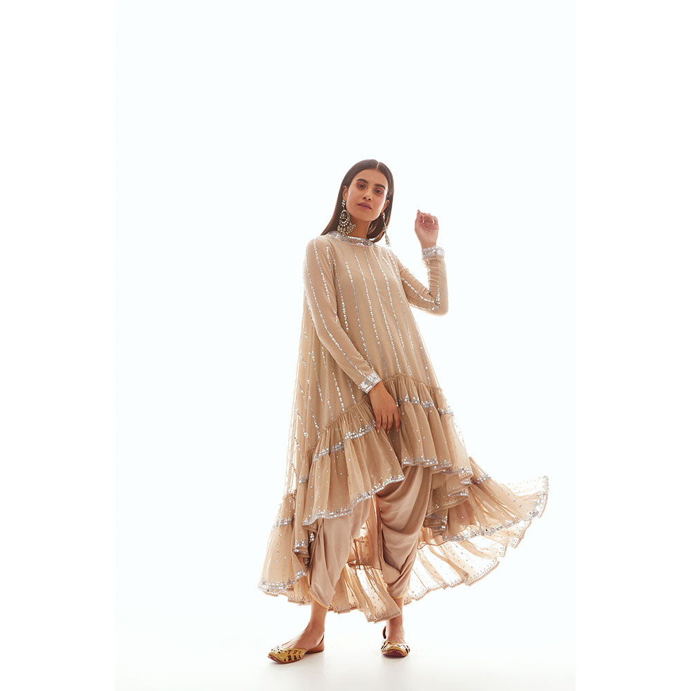 Vvani by Vani Vats Beige High Low Kurta with Dhoti & Inner (Set of 3)
