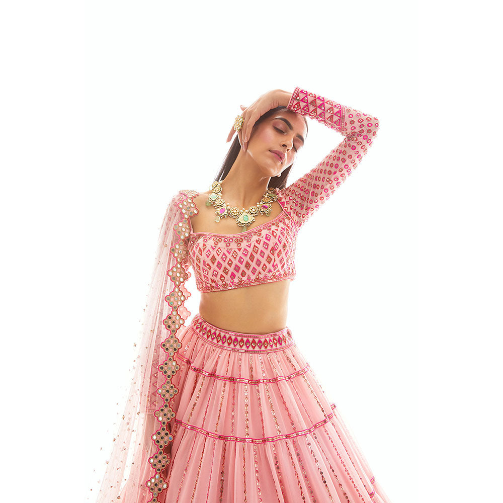 Vvani by Vani Vats Pink Applique Tier Blouse with Lehenga & Dupatta (Set of 3)