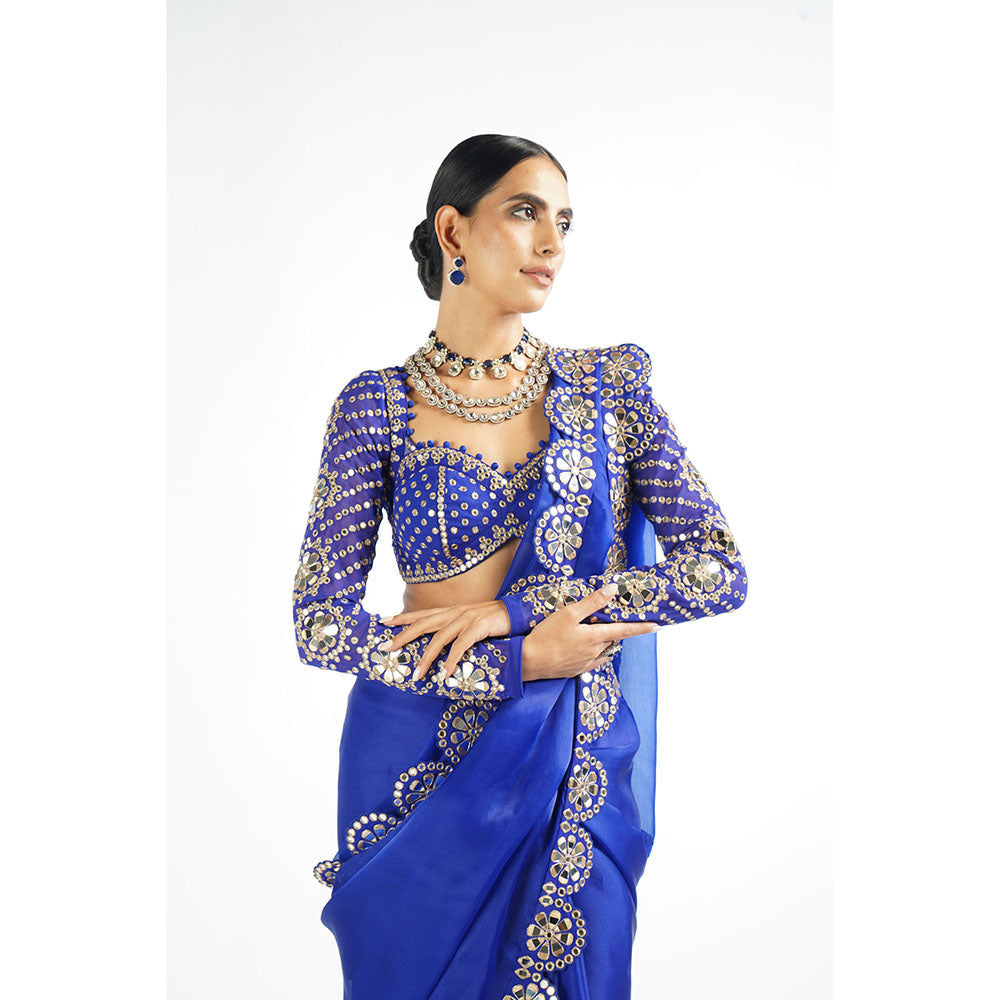 Vvani by Vani Vats Royal Blue Mirror Work Blouse Saree & Stitched Blouse
