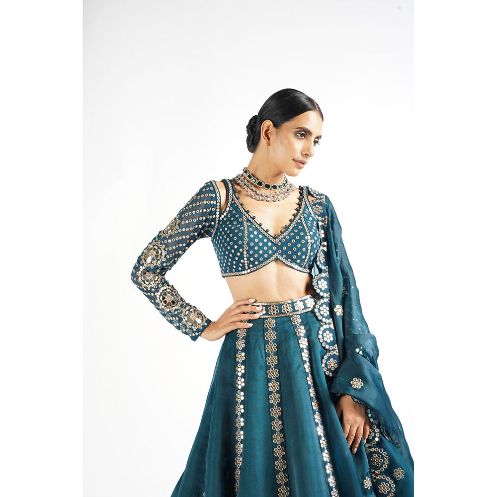 Vvani by Vani Vats Dark Teal Flower Linear Blouse with Lehenga & Dupatta (Set of 3)