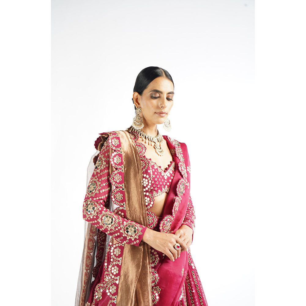 Vvani by Vani Vats Mellow Pink Small Flower Lehenga with Blouse & 2 Dupatta's (Set of 4)