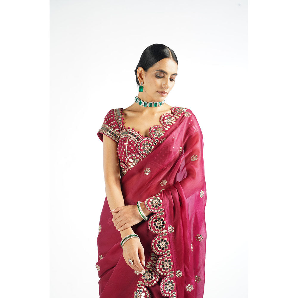 Vvani by Vani Vats Mellow Pink Mirror Work Blouse Saree & Stitched Blouse