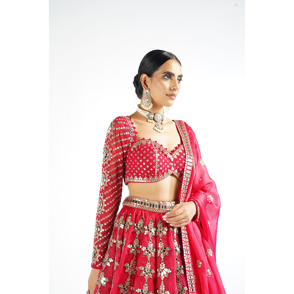 Vvani by Vani Vats Crimson Red Chandelier Drop Blouse with Lehenga & Dupatta (Set of 3)