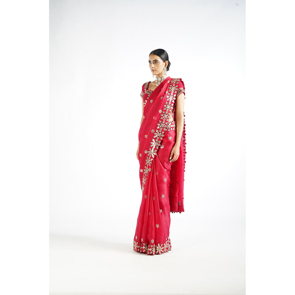Vvani by Vani Vats Crimson Red Mirror Work Saree & Stitched Blouse
