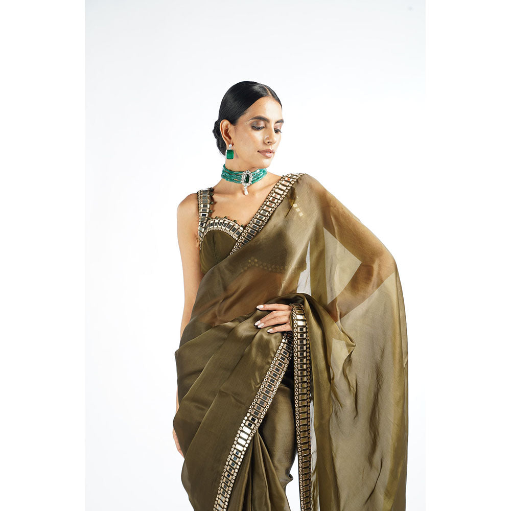 Vvani by Vani Vats Olive Green Mirror Work Saree & Stitched Blouse