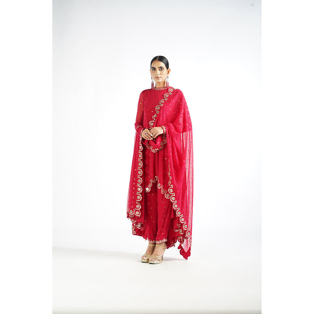 Vvani by Vani Vats Crimson Red Scallop Kurta & Pant with Dupatta (Set of 3)