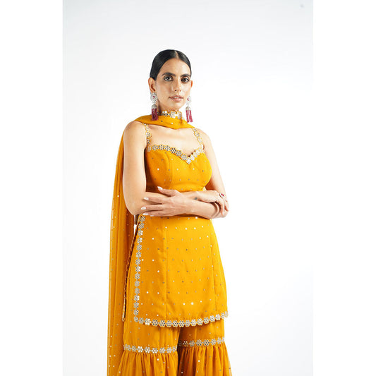 Vvani by Vani Vats Mustard Georgette Kurta with Sharara & Dupatta (Set of 3)