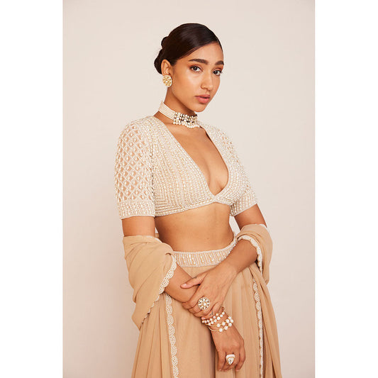 Vvani by Vani Vats Pearl Embellished Blouse with Lehenga Palazzo And Dupatta (Set of 3)