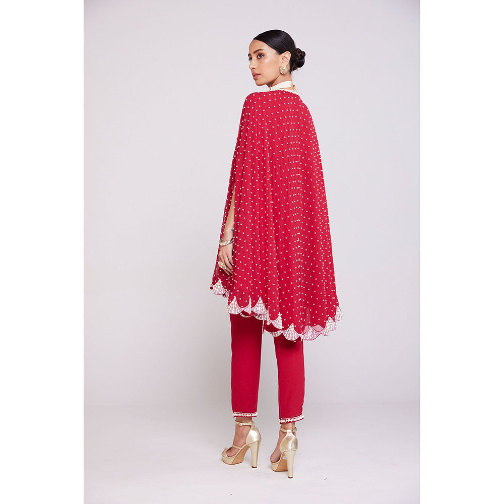 Vvani by Vani Vats Pearl Embellished Crimson Red Asymmetrical Cape Paired with Pant (Set of 2)