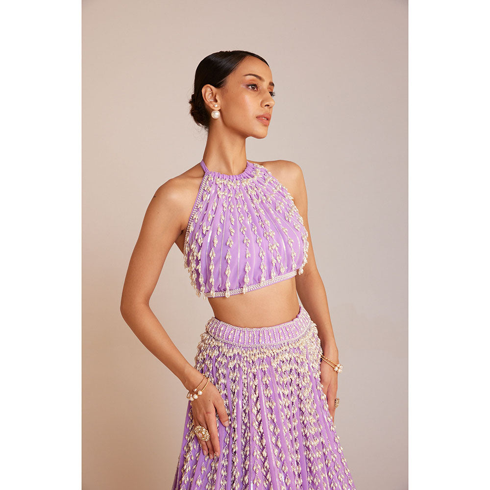 Vvani by Vani Vats Lilac Chandelier Skirt Paired with Halter Neck Drop Crop Top (Set of 2)