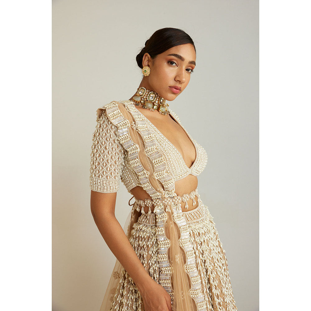 Vvani by Vani Vats Beige Chandelier Pearl Lehenga with Pearl Blouse, Dupatta & Belt (Set of 4)