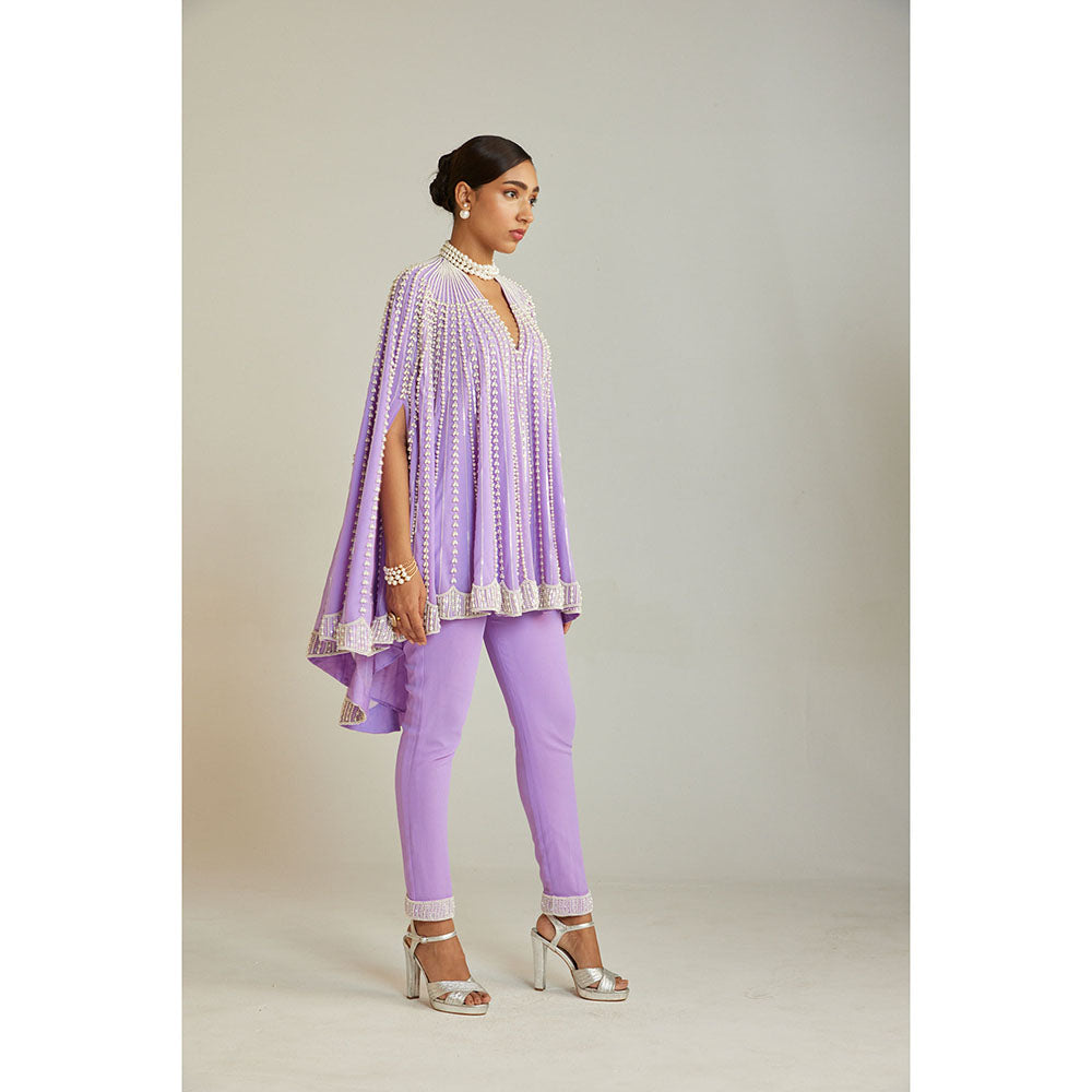 Vvani by Vani Vats Pearl Embellished Lilac Asymmetrical Cape Paired with Pant (Set of 2)