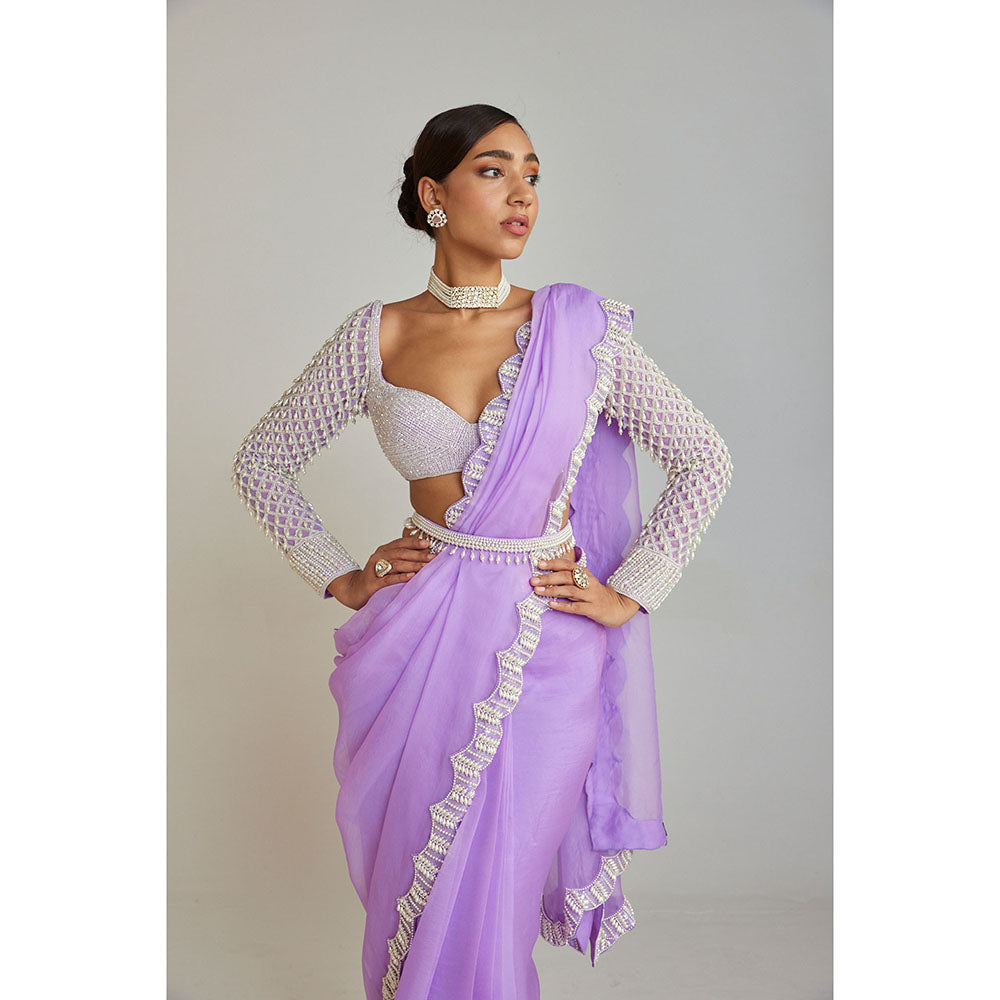 Vvani by Vani Vats Lilac Embellished Saree with Drop Full Sleeves Blouse and Belt