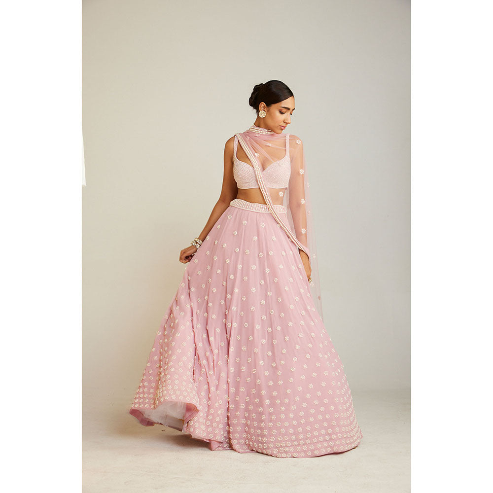 Vvani by Vani Vats Powder Pink Pearl Flower Lehenga with Pearl Blouse & Dupatta (Set of 3)