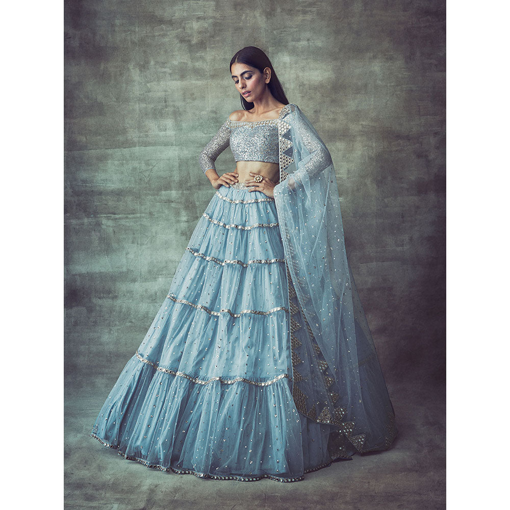 Vvani by Vani Vats Ice Blue Off Shoulder Tier Blouse with Lehenga & Dupatta (Set of 3)