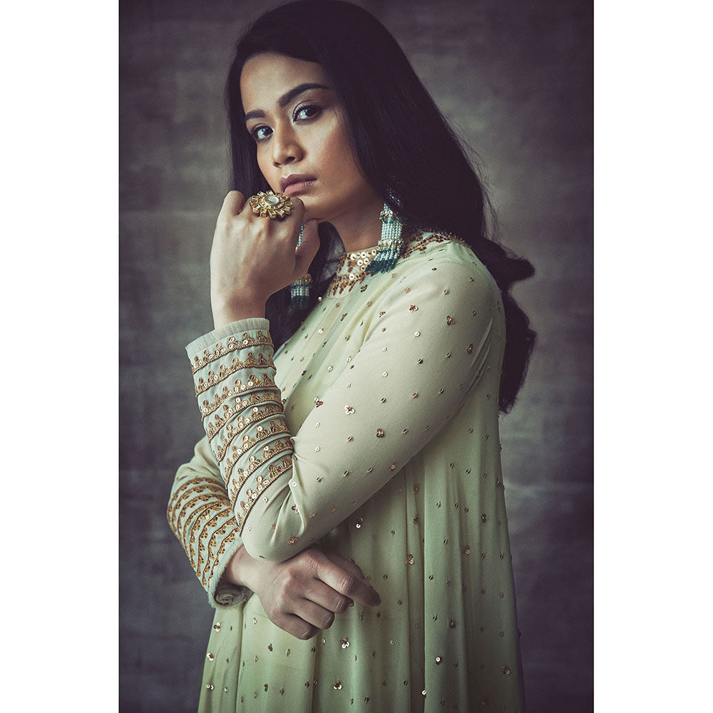 Vvani by Vani Vats Sap Green High Low Kurta & Dhoti (Set of 2)