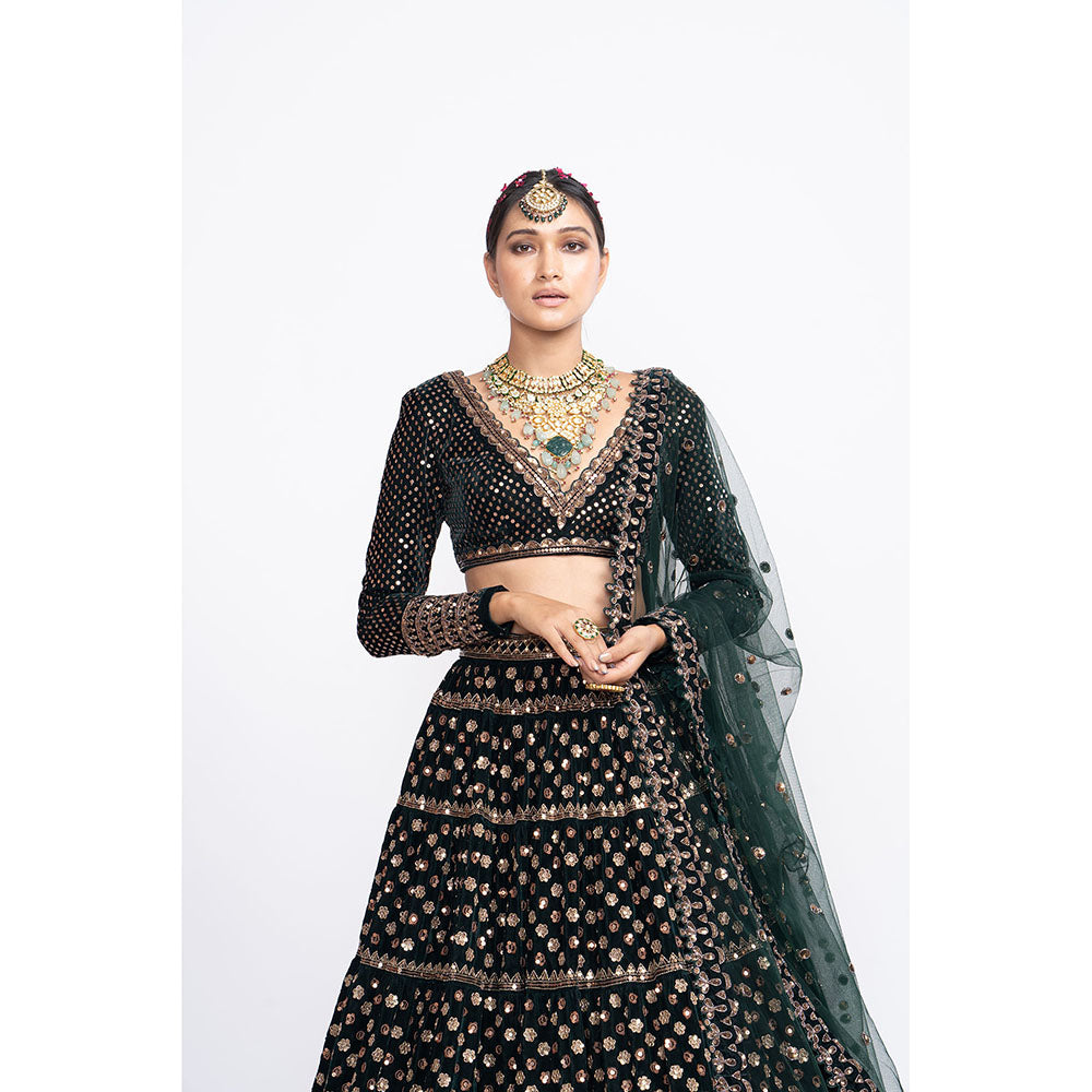 Vvani by Vani Vats Deep Green Floral Blouse with Lehenga & Dupatta (Set of 3)