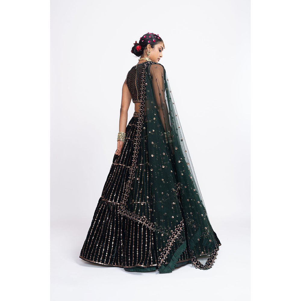 Vvani by Vani Vats Deep Green Full Tier Blouse with Lehenga & Dupatta (Set of 3)