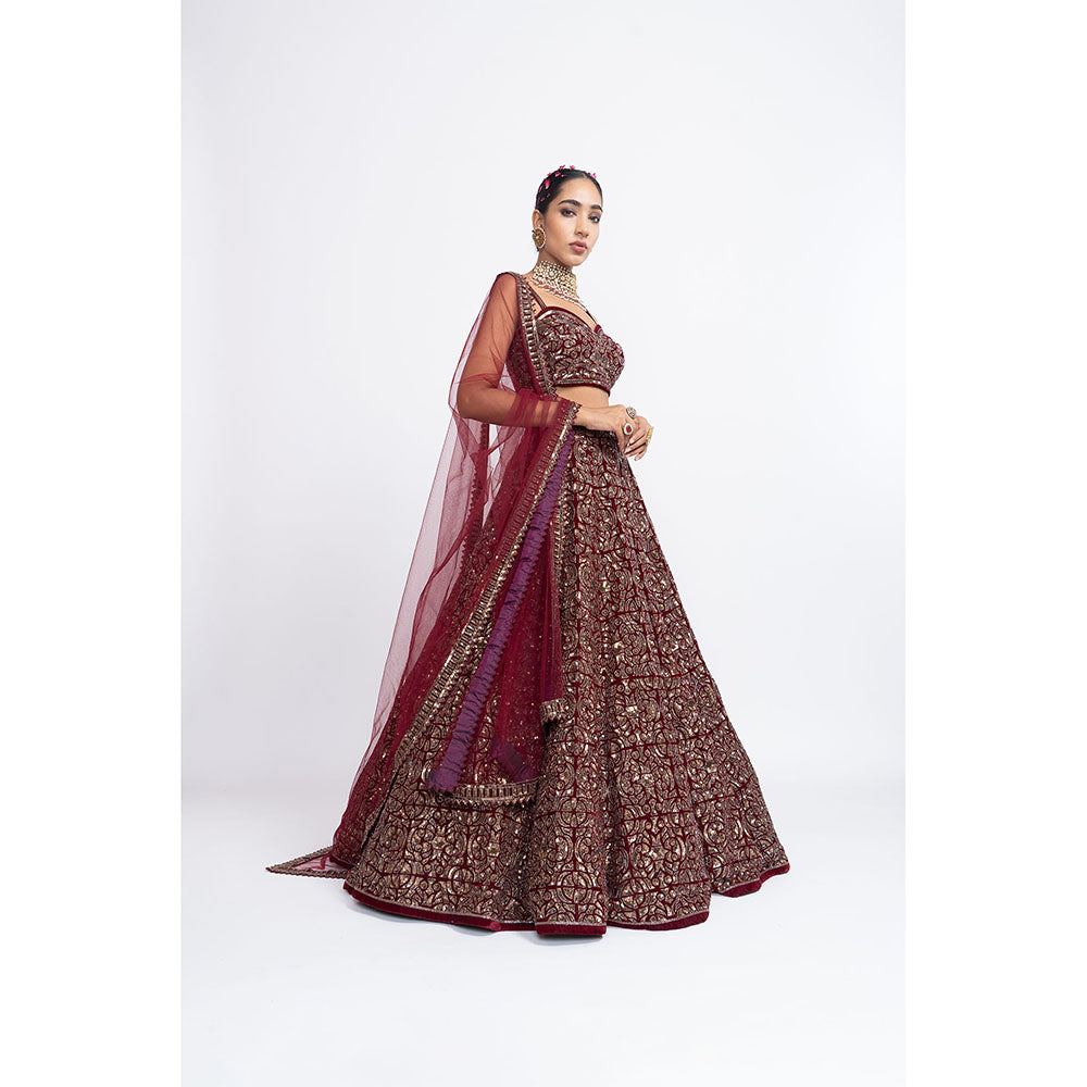 Vvani by Vani Vats Maroon Fully Embroidered Corset Blouse with Lehenga & Dupatta (Set of 3)
